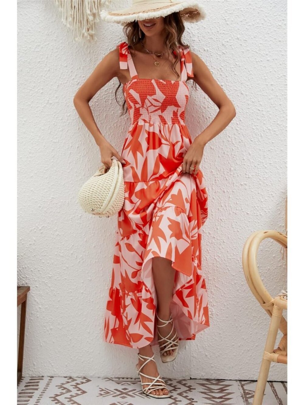 Women's Orange Floral 1 Sleeveless Square Neck Ruffle Flowy Imported Maxi Dress - Picture 3 of 6